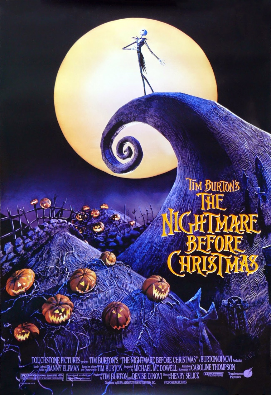 Filmaffisch för Tim Burtons The Nightmare Before Christmas med Jack Skellington mot en stor måne.